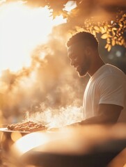 A man is cooking food on a grill, with steam coming out of it. The man is smiling and he is enjoying himself. Concept of relaxation and leisure, as the man is taking his time to prepare
