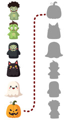 New interesting find the correct shadow Halloween educational game with squish toys such as zombies, black cat, pumpkin, ghost. SVG vector illustration.