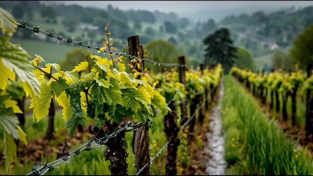 vineyard in autumn, moving along grape vines in the rain