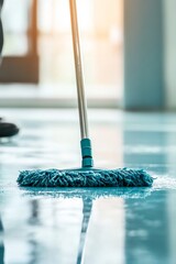Blue Microfiber Mop Cleaning Wet Floor, Close-Up
