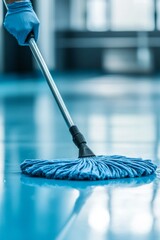 Gloved Hand with Blue Mop on Shiny Floor
