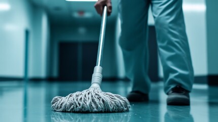 Janitor Mopping Floor in Corridor, Low Angle
