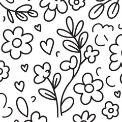 seamless hand-drawn doodle pattern of whimsical flowers and clouds in black outline, isolated on white background