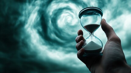 Hourglass and Spiral Storm Cloud — Climate Deadline Concept
