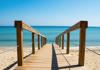 A wooden boardwalk stretches towards the beautiful turquoise sea on a bright, sunny day.