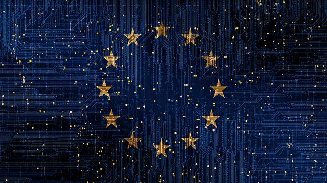 Stunning digital representation of the European Union flag integrated with intricate circuitry, symbolizing innovation, technology, and economic progress