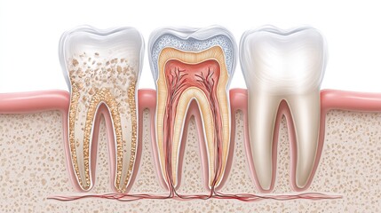 Witness the remarkable journey of dental health, showcasing a decaying tooth, its healthy root structure, and a perfectly bright, clean tooth, illustrating the power of oral care and transformation.