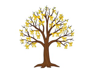 A tree adorned with yellow bows.  Simple, colorful illustration
