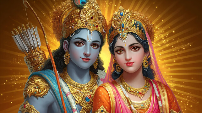 Lord Rama with a bow and Goddess Sita portrait