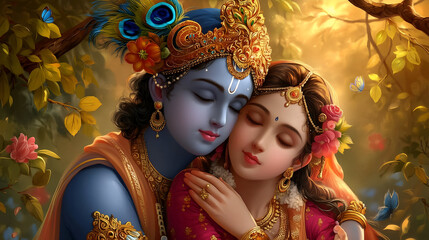 Lord Krishna and Radha romantic embrace in autumn forest digital painting