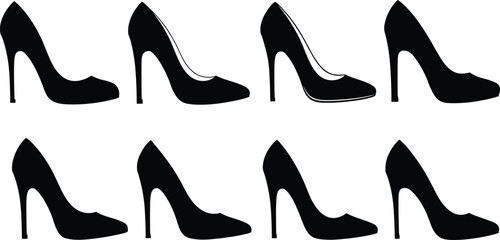 High heel shoe silhouette set, eight identical stiletto designs, pointed toe fashion icons, vector illustration for style, retail, accessories, and feminine themes