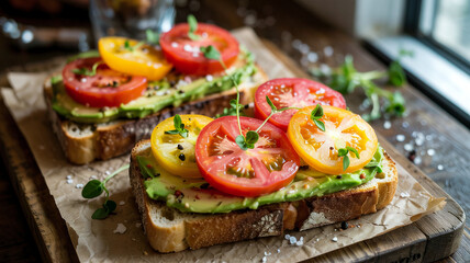 Sliced tomatoes are carefully arranged on the avocado toast