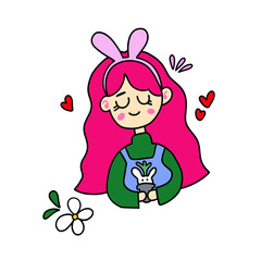 Cute Girl with Pink Hair Holding Bunny Plant – Adorable Cartoon Illustration