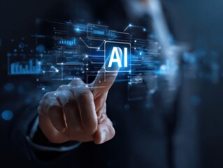 Businessman touching on AI machine learning on virtual screen with big data. Global business development, digital marketing and financial data analysis with AI technology.