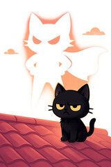 Grumpy Black Kitten with Superhero Shadow on Rooftop