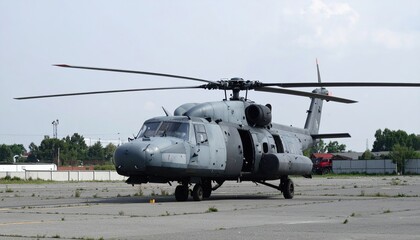 Gray military helicopter on tarmac