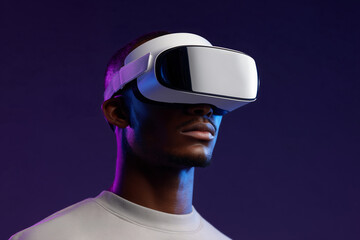 A man wearing a virtual reality headset exploring an immersive experience with colorful lights