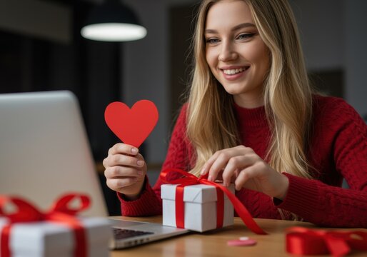 Blonde woman holding a heart and opening a gift box during a video call - Powered by Adobe