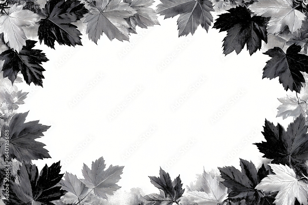 Poster elegant leaf frame in monochrome, framing empty space. a delicate frame with leaf detailing.