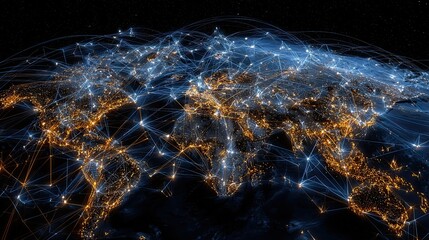 Global digital network overlaying Earth at night, showcasing interconnected cities and vibrant light trails representing data flow and modern connectivity