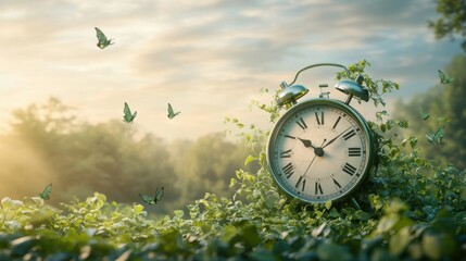 Analog clock with broken hour hand floating over green forest. Rejecting Clock Changes for Stable Human Rhythms and Environmental Harmony