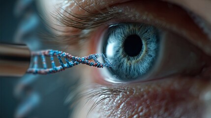 Exploring the intricate details of human genetics with a close-up view of a DNA helix interacting with a striking blue eye, symbolizing discovery and scientific advancement
