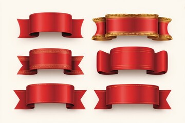 Six decorative red ribbons with golden details on white background in high quality stock photo