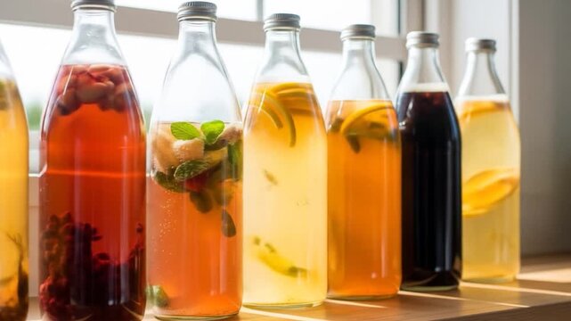 Row of colorful homemade kombucha bottles with fruit and herbs on a wooden surface, healthy drinks