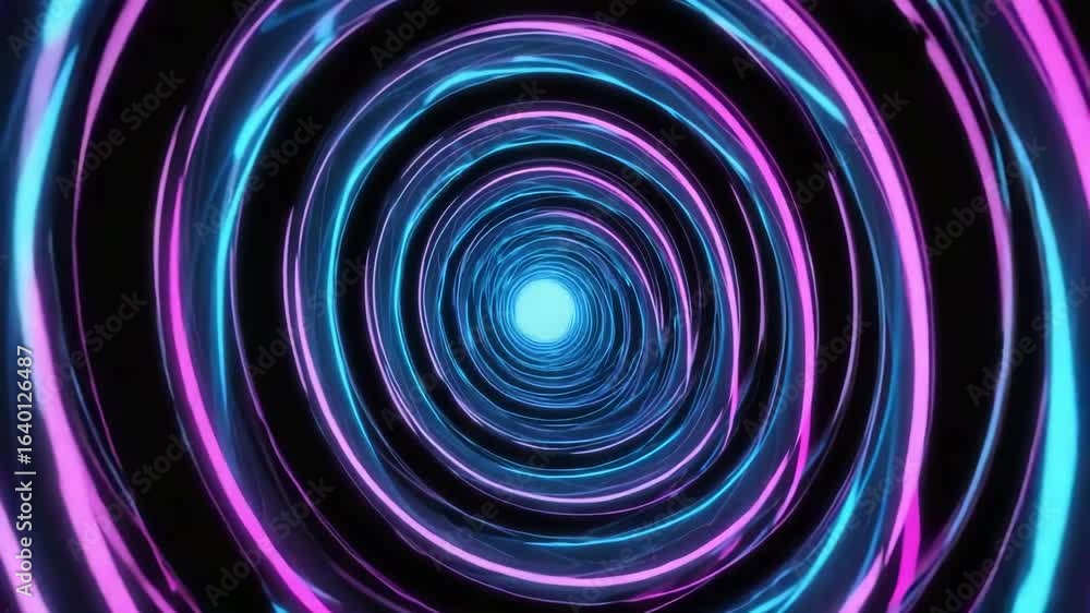 Poster mesmerizing fractal spiral tunnel animation with glowing neon edges, infinite zoom loop illusion, fu