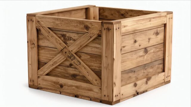 Wooden crate isolated on white background illustrating storage and transportation concepts