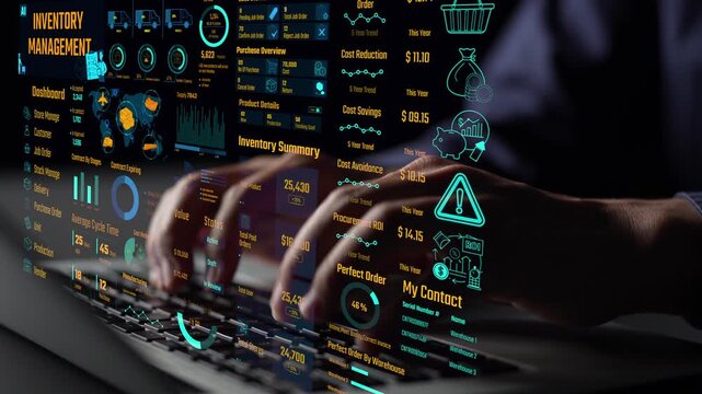 Inventory management dashboard showing supply chain performance, stock levels, order cycle times, cost reduction, and procurement ROI. Inventory tracking, and streamline warehouse efficiency. Thunk