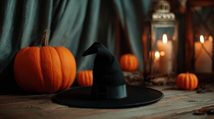 Halloween witch hat with pumpkins and lantern decor on rustic wooden table