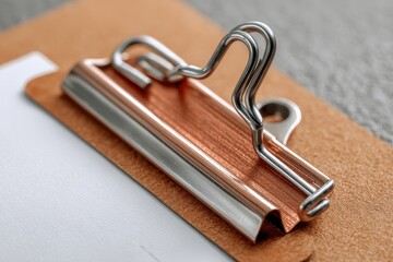Cork clipboard with stack of blue sticky notes and metal clip on top, placed on a light gray surface