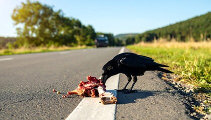 Crow foraging along a roadside for animal remains under clear skies