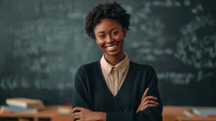 Confident african female adult teacher in classroom with chalkboard background