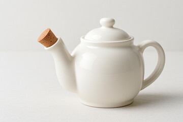 A white teapot with a cork instead of a spout.