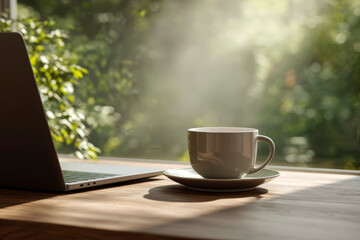 Obraz premium Serene workspace: laptop and coffee mug on a wooden surface with sunlit greenery outside the window.