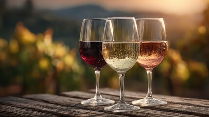 Elegant wine glasses with red and white wine
