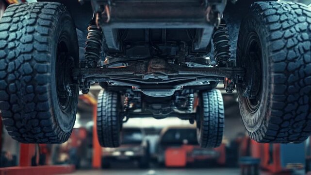 A car being lifted off the ground using a hydraulic lifter in a well-lit garage