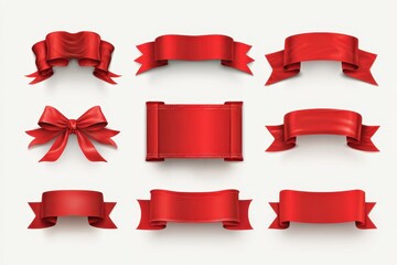Six decorative red ribbons with golden details on white background in high quality stock photo