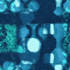 Abstract indigo blue batik dye seamless pattern, Organic bleed effect dyed wash background.