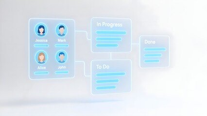 Floating Glowing Panels of Team Progress and Task Management