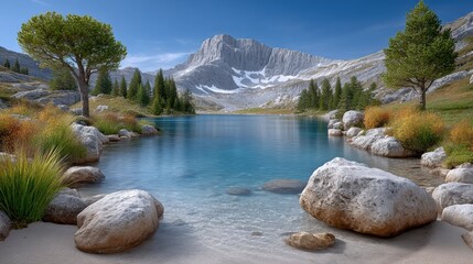 Tranquil alpine tarn surrounded by towering peaks