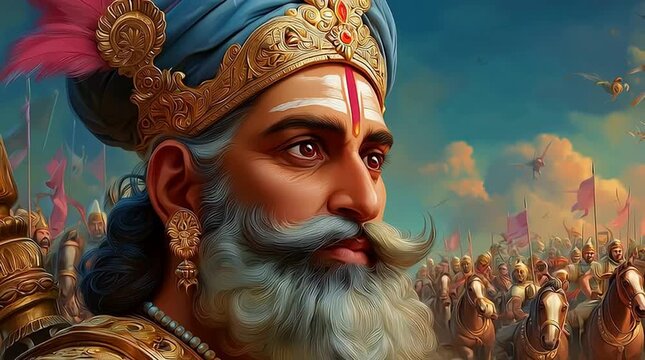 An ancient Hindu king or guru leading his army to battle