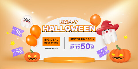 3D Happy Halloween product display podium banner. Spooky decoration party, scary greeting card, promotion sale website, social media post. Trick or treat