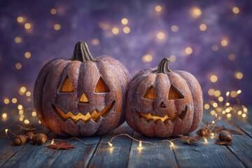 Two carved halloween jackolantern pumpkins with glow