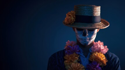 Young hispanic male celebrating dia de los muertos with traditional painted face and festive attire