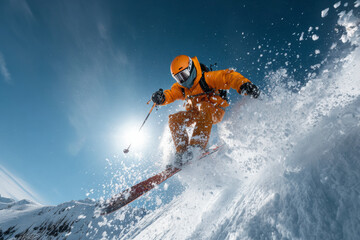 Skier in Action: Leaping through powder snow under a sunny sky. Winter sports at its finest moment.