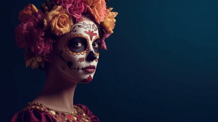 Hispanic female in traditional day of the dead makeup with flower headpiece