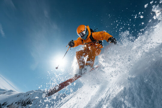 Skier in Action: Leaping through powder snow under a sunny sky. Winter sports at its finest moment. - Powered by Adobe